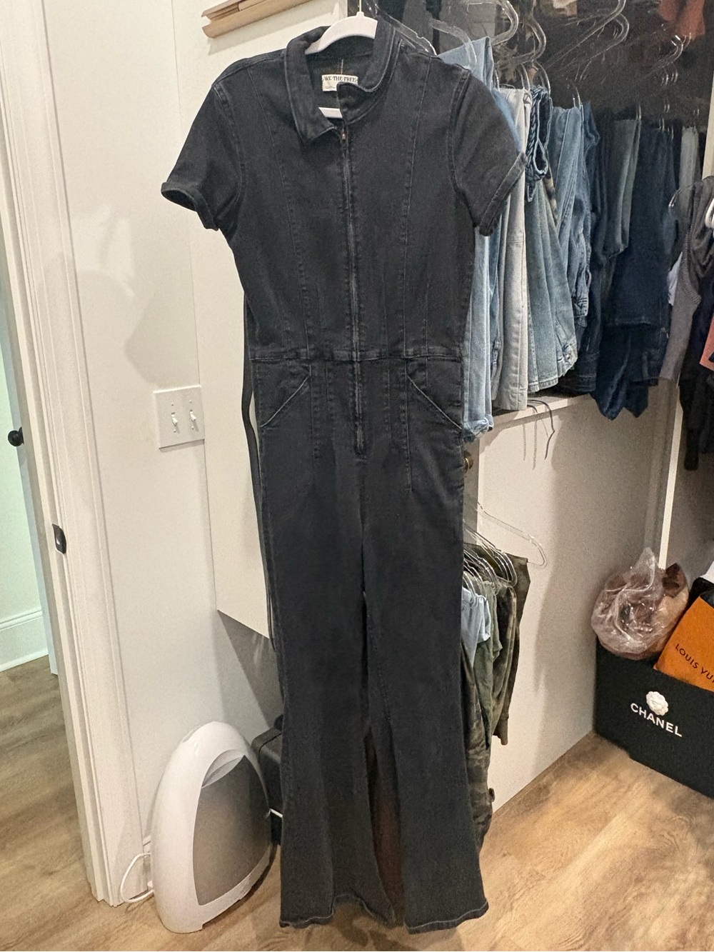 We The Free Black Short-Sleeve Zip-Front Denim Jumpsuit